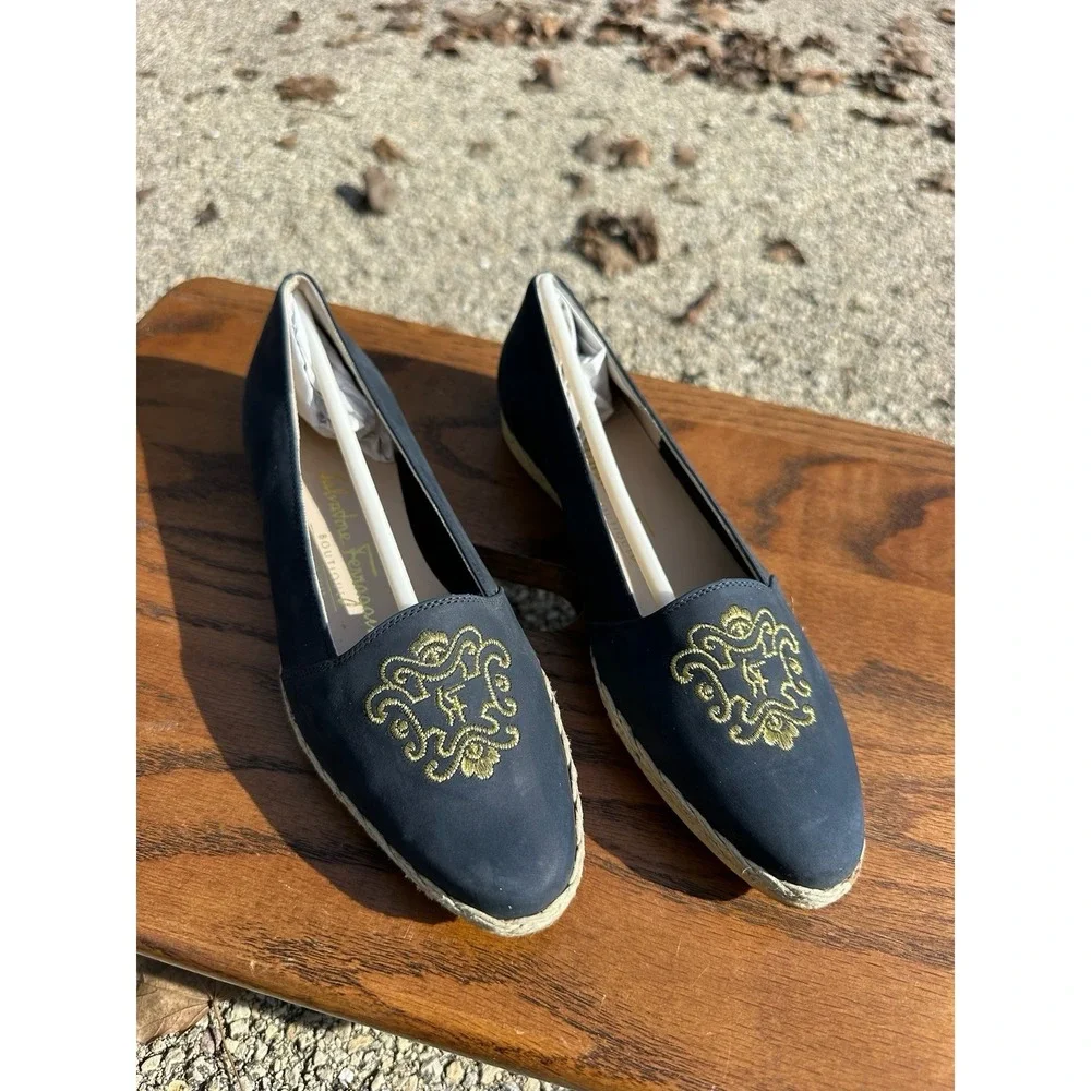 Salvatore Ferragamo Boutique Navy Gold Espadrille Flats Womens 5.5 B‎